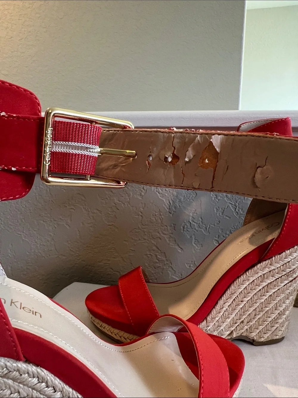 Calvin Klein Coral-Red Espadrille Ankle-Strap Wedges